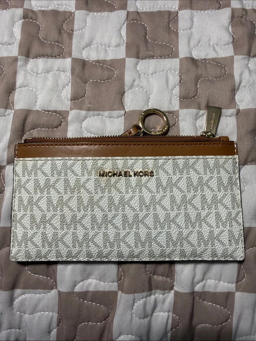 Michael Kors White & Brown Signature Zip Card Case